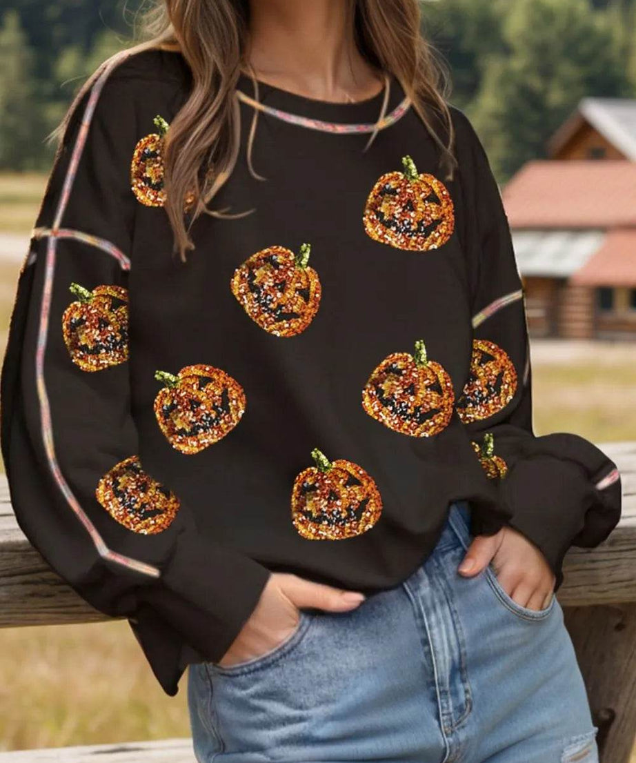 Sequin Pumpkin Round Neck Long Sleeve Sweatshirt - ELY VESSA LLC