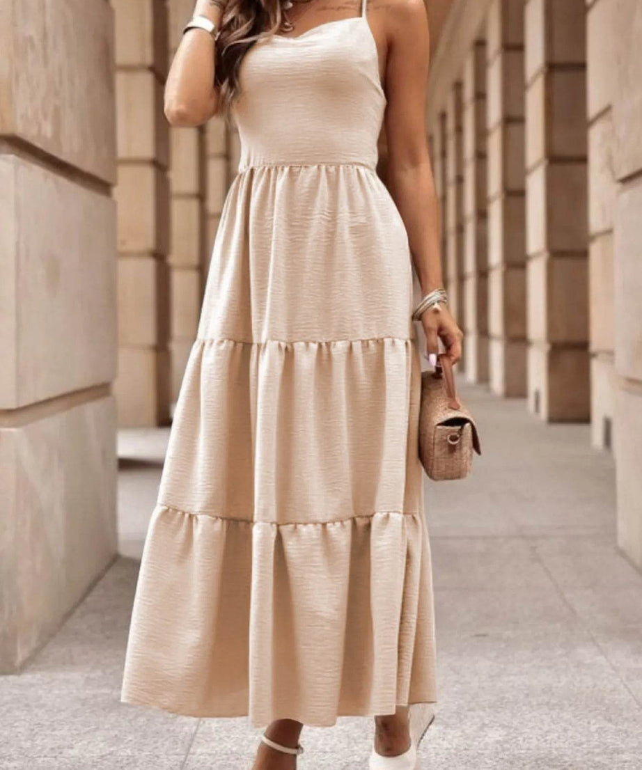 Crossover Backless Bodice Tiered Maxi Dress - ELY VESSA LLC