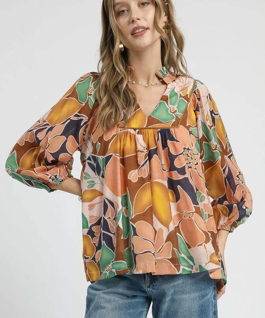 Umgee Multicolor Abstract Floral Print Blouse with Ruffle Neck - ELY VESSA LLC