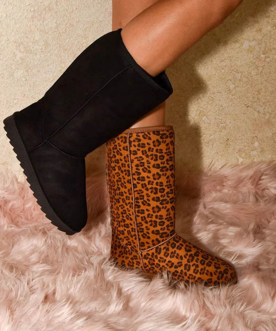 WILD DIVA Leopard Suede Round Toe Boots - ELY VESSA LLC