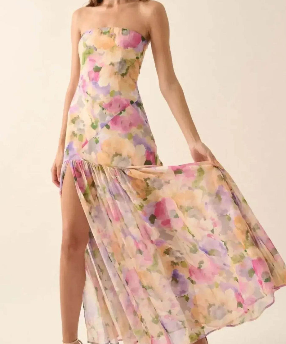 Strapless Floral Maxi Dress with Side Slit - ELY VESSA LLC