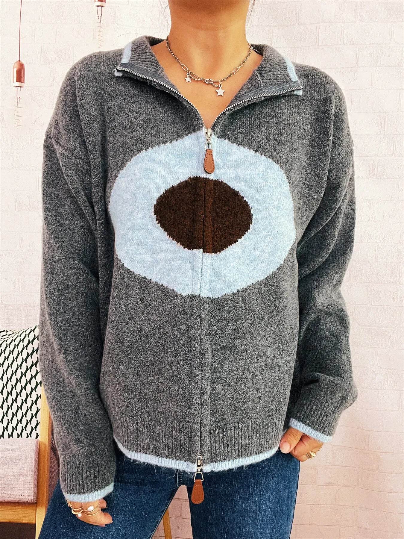 Zip-Up Contrast Trim Cardigan - ELY VESSA LLC