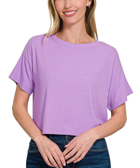 Zenana Ribbed Round-Neck Crop T-Shirt - ELY VESSA LLC