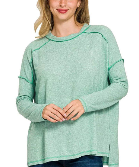 Zenana Full Size Melange Hacci Exposed Seam Hi-low Tee Plus Size - ELY VESSA LLC