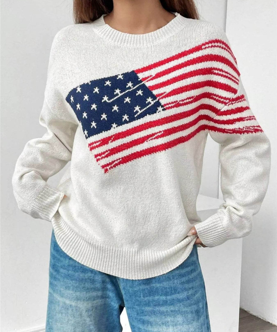 US Flag Round Neck Long Sleeve Sweater - ELY VESSA LLC