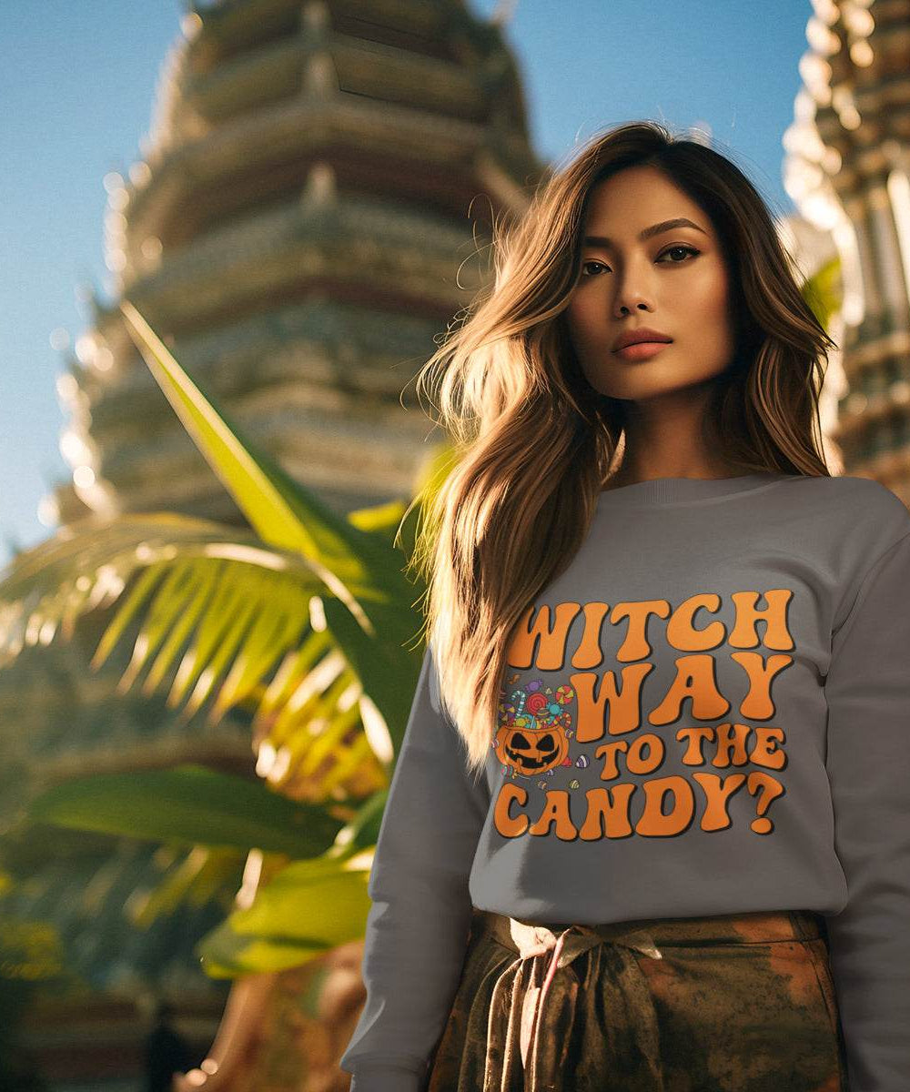 Witch Way to the Candy? Halloween Sweatshirt – Bella Canvas 3501 – Unisex Sizes S-3XL – Multiple Colors - ELY VESSA LLC