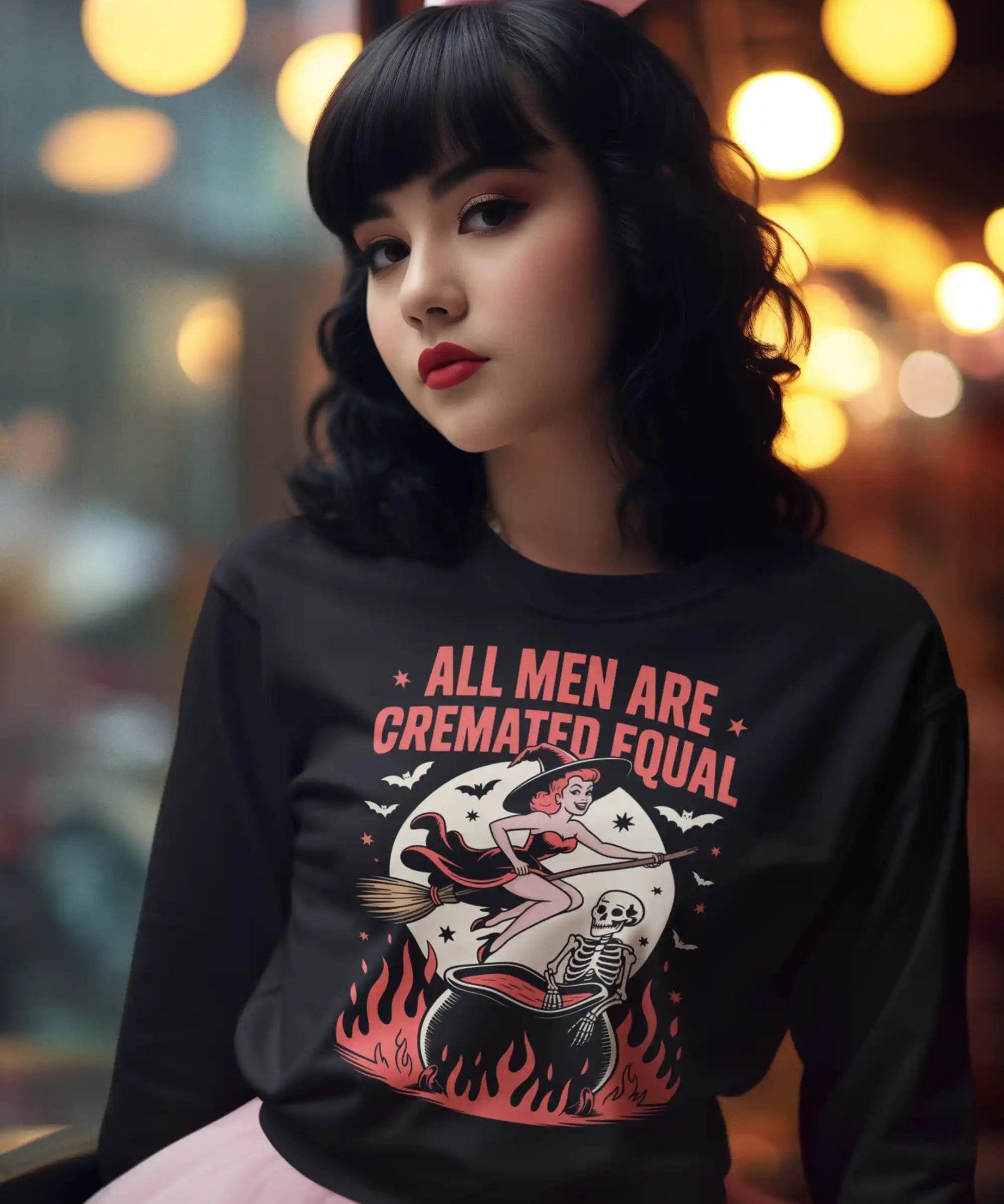 All Men Are Cremated Equal – Funny Witch Halloween Bella+Canvas 3501 Long Sleeve Tee | Unisex Sizes S–3XL - ELY VESSA LLC