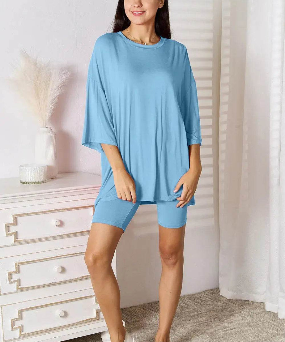 Basic Bae Bamboo Full Size Round Neck Drop Shoulder T-Shirt and Shorts Set - ELY VESSA LLC