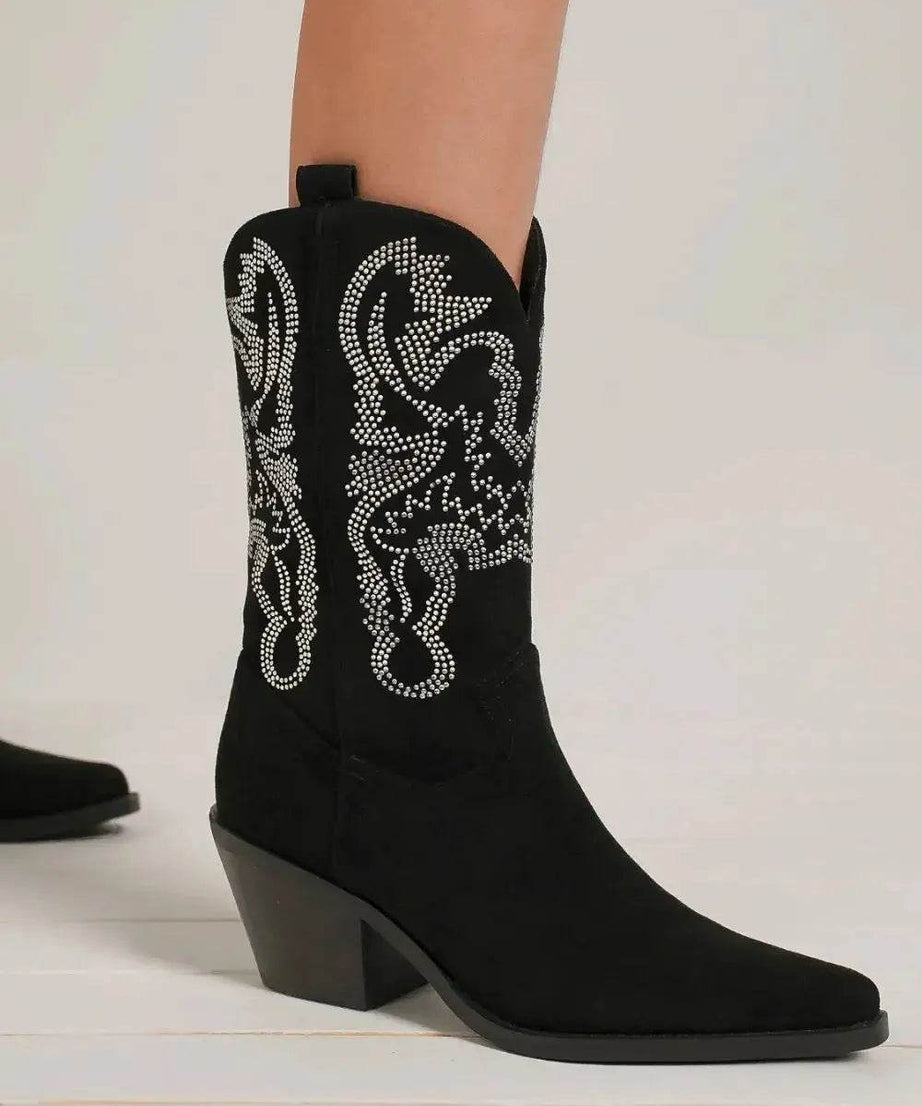 Beast Fashion Rhinestone Detail Point Toe Boots - ELY VESSA LLC