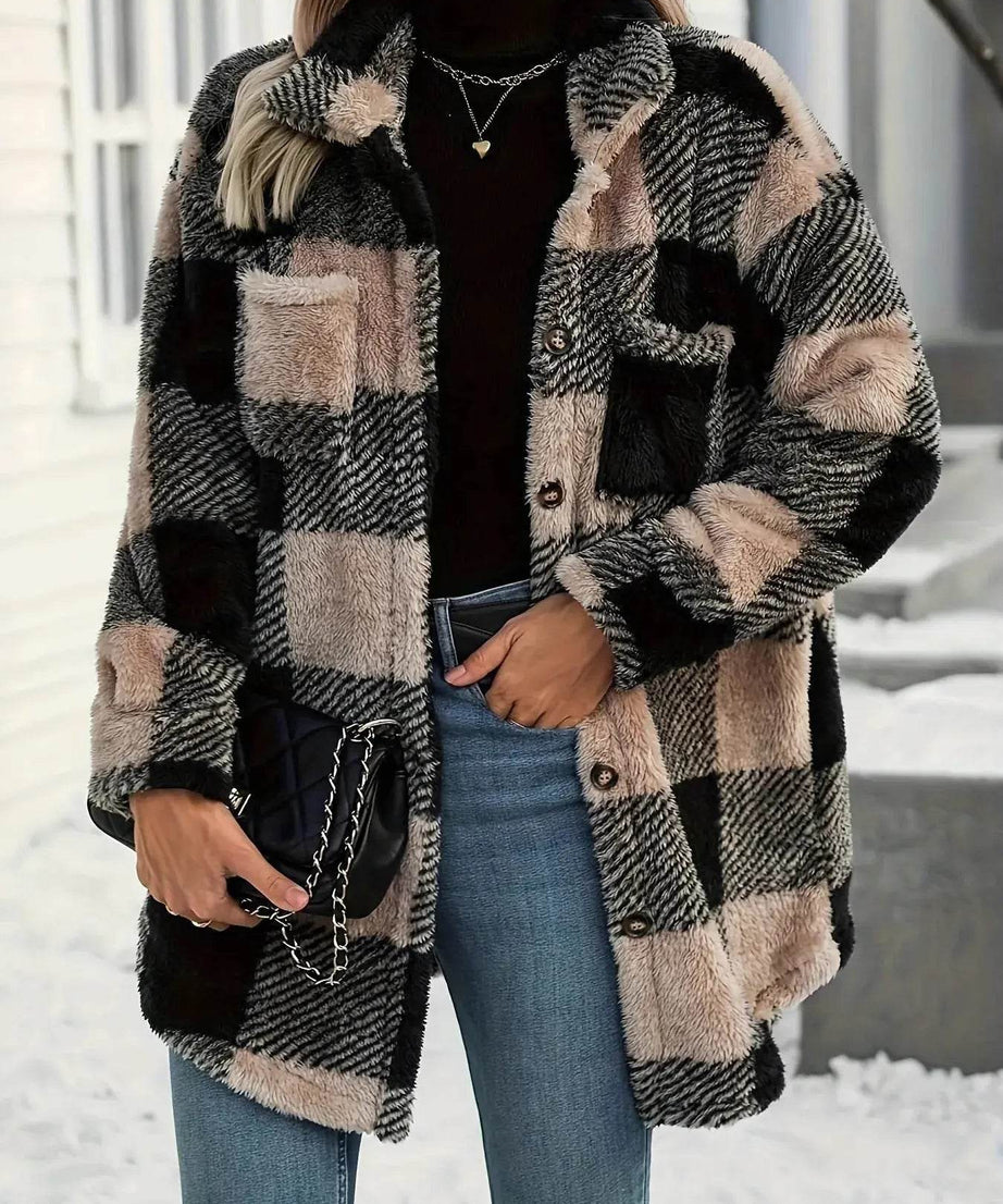 Button Down Collared Neck Plaid Teddy Coat with Pockets - ELY VESSA LLC