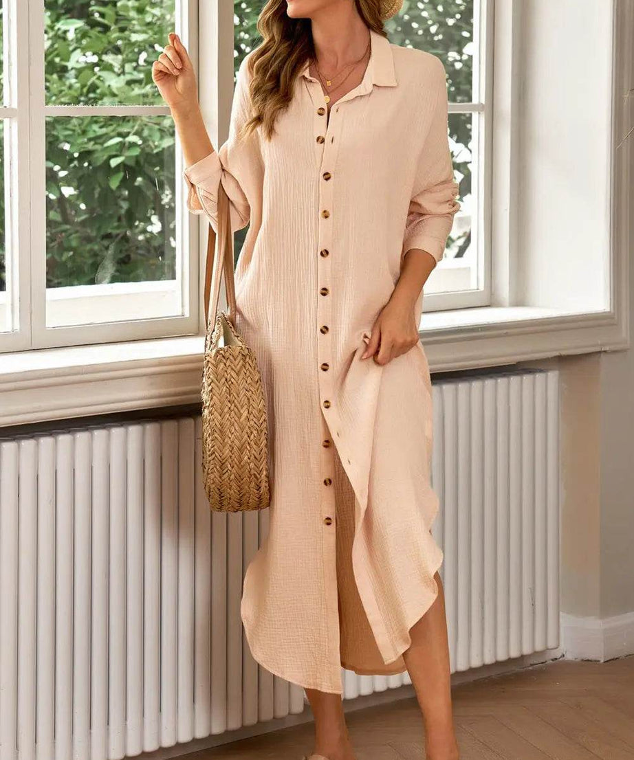 Button Front Textured Slit Shirt Dress - ELY VESSA LLC