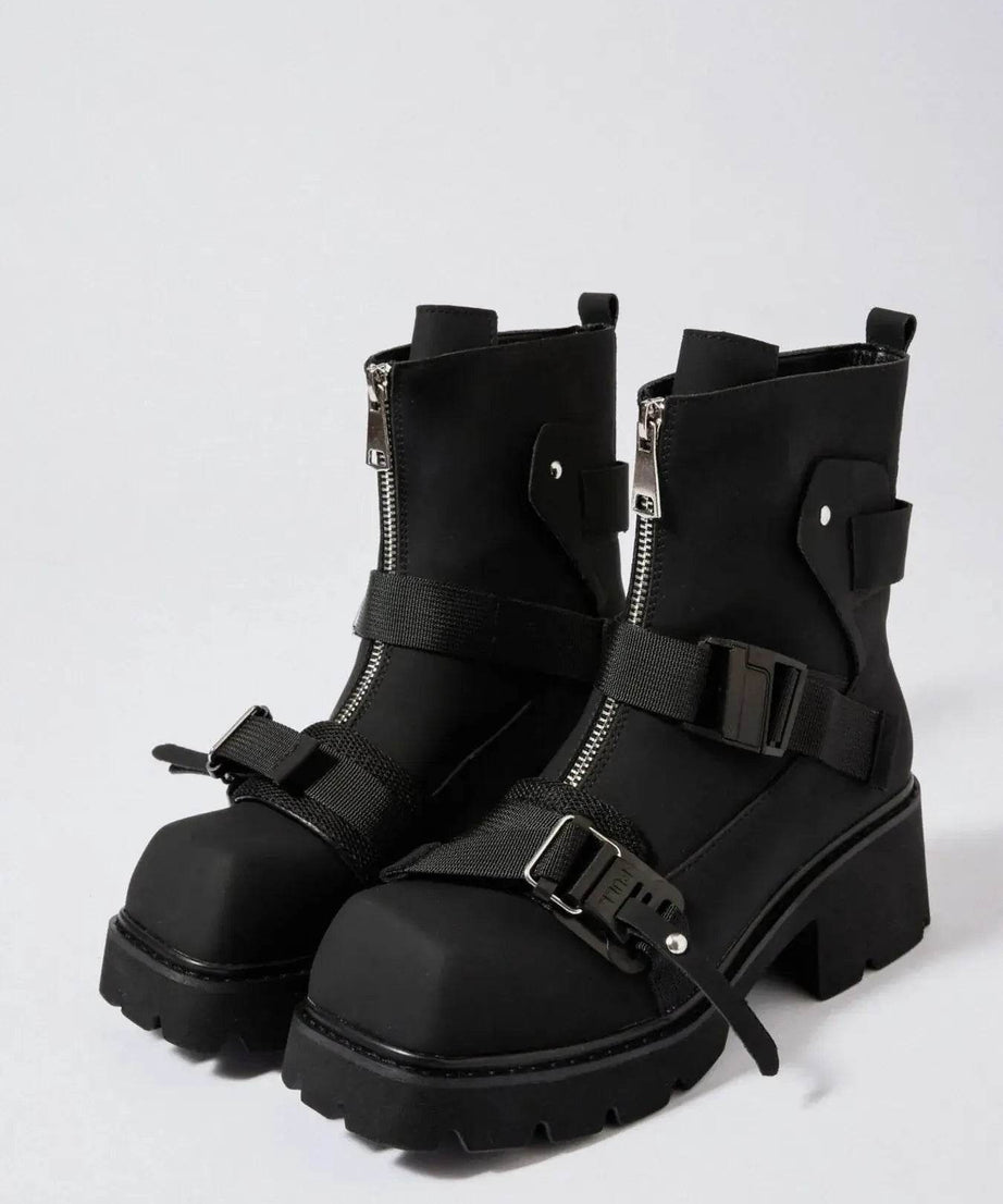 Chunky Platform Boots with Buckle Straps and Front Zip - ELY VESSA LLC