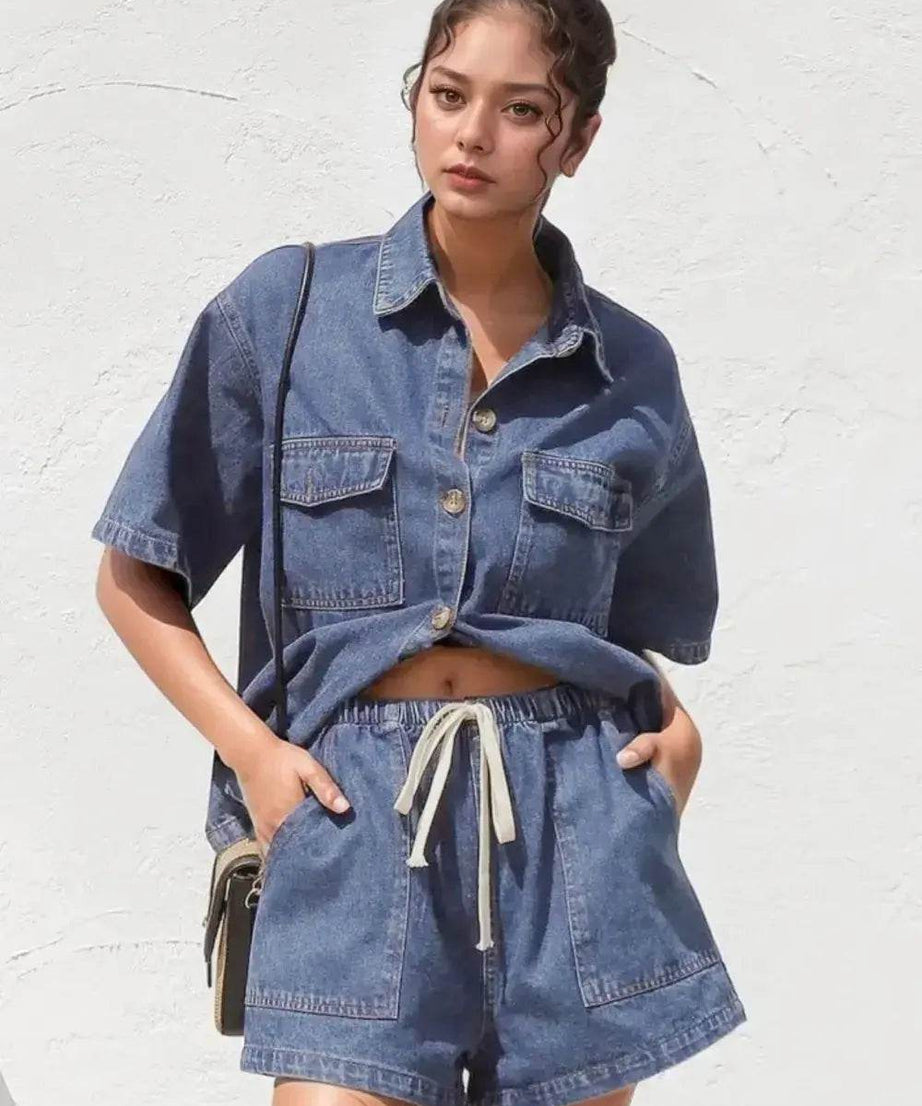 Collared Neck Button Up Top and Shorts Denim Set - ELY VESSA LLC