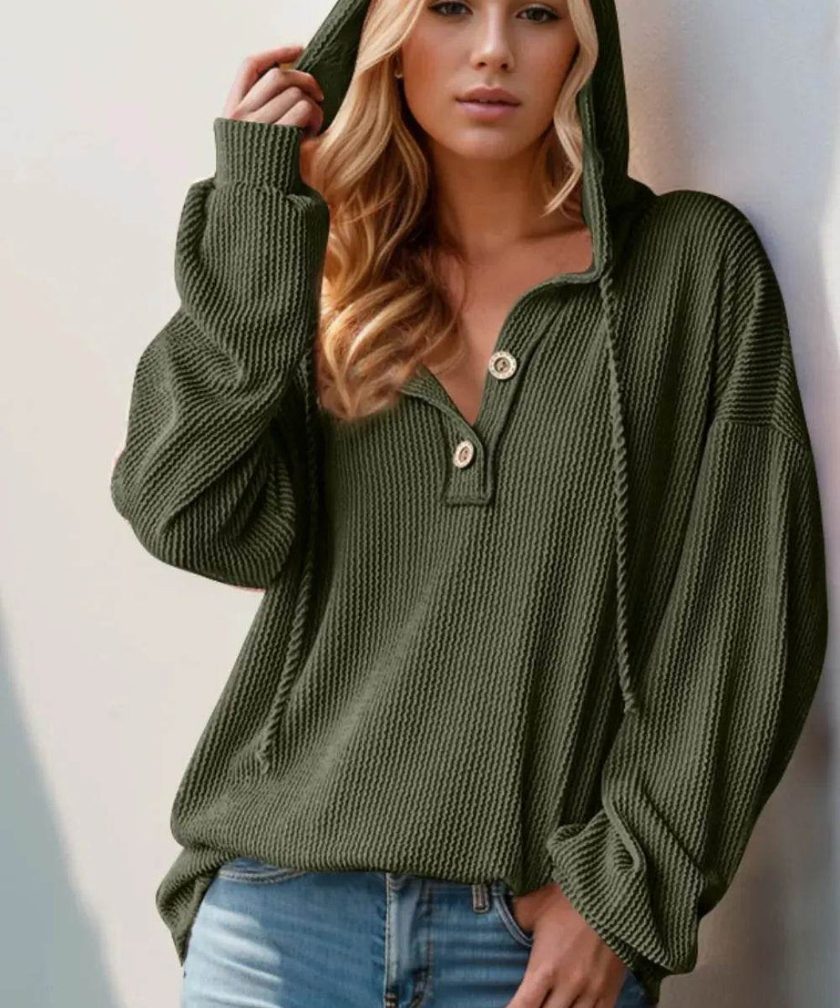 Double Take Full Size Half Button Long Sleeve Hoodie - ELY VESSA LLC