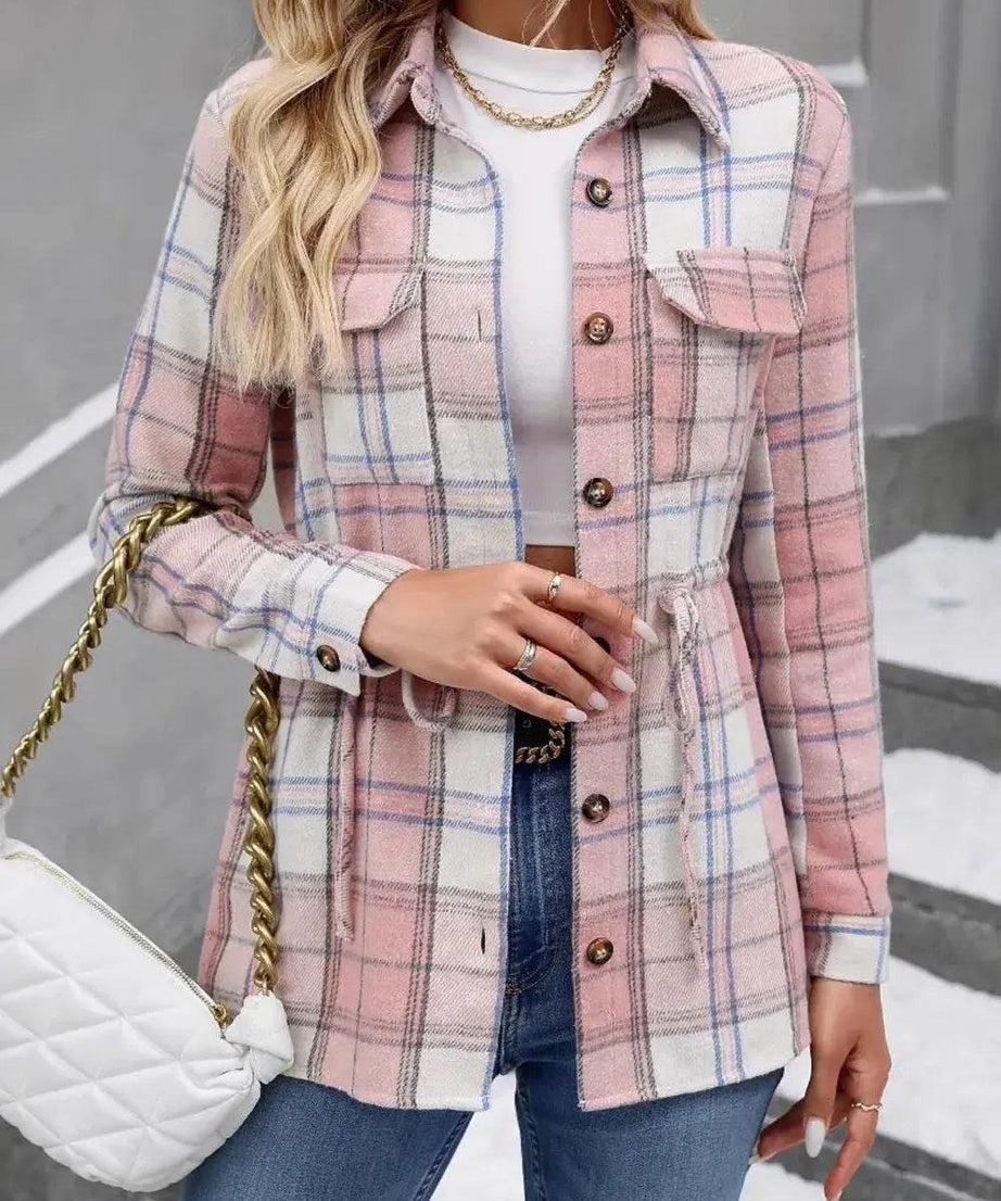 Drawstring Plaid Button Up Jacket with Chest Pockets - ELY VESSA LLC