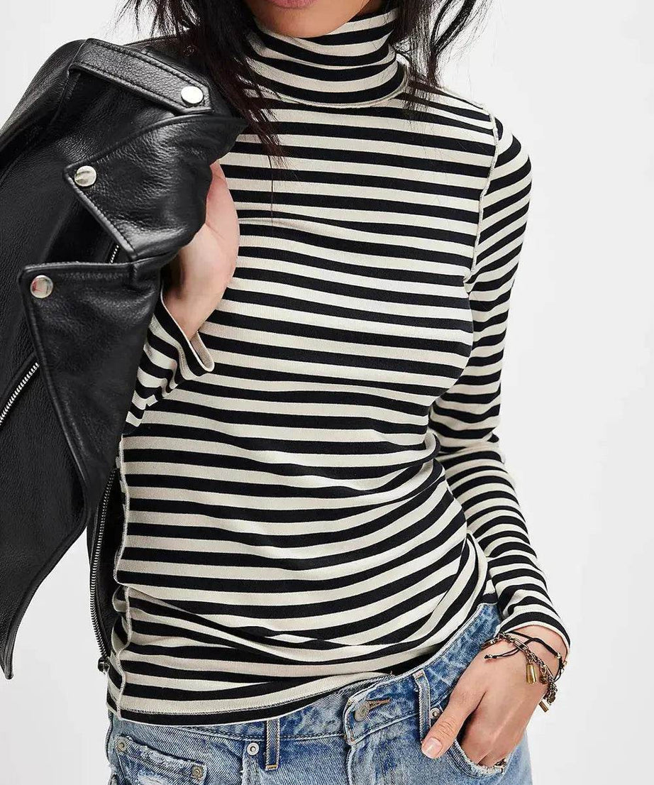 Exposed Seam Striped Turtleneck Long Sleeve T-Shirt - ELY VESSA LLC