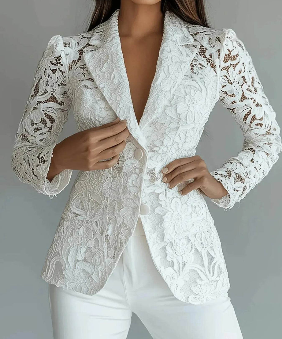 Floral Pattern Lace Single-Breasted Blazer - ELY VESSA LLC