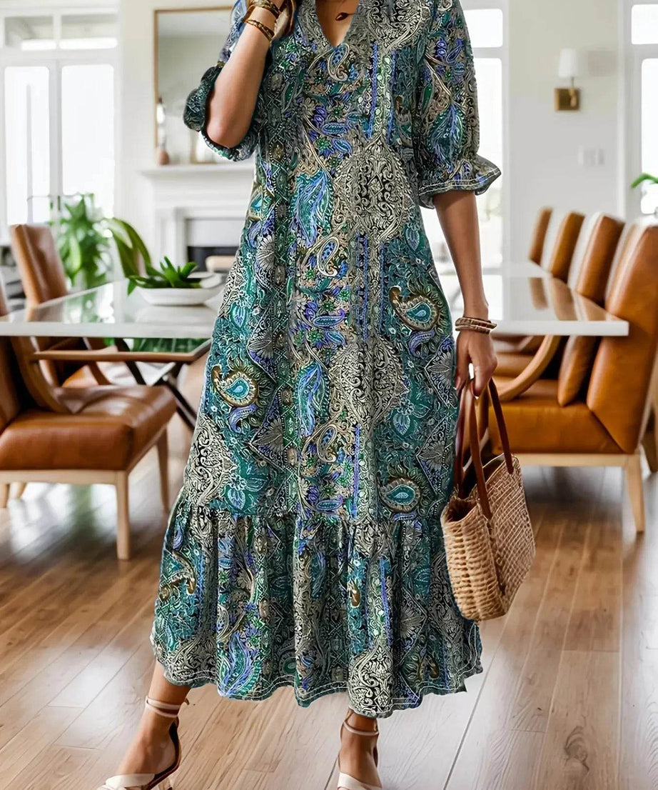 Full Size Bohemian Paisley Print Ruffle Hem Midi Dress Plus Size - ELY VESSA LLC