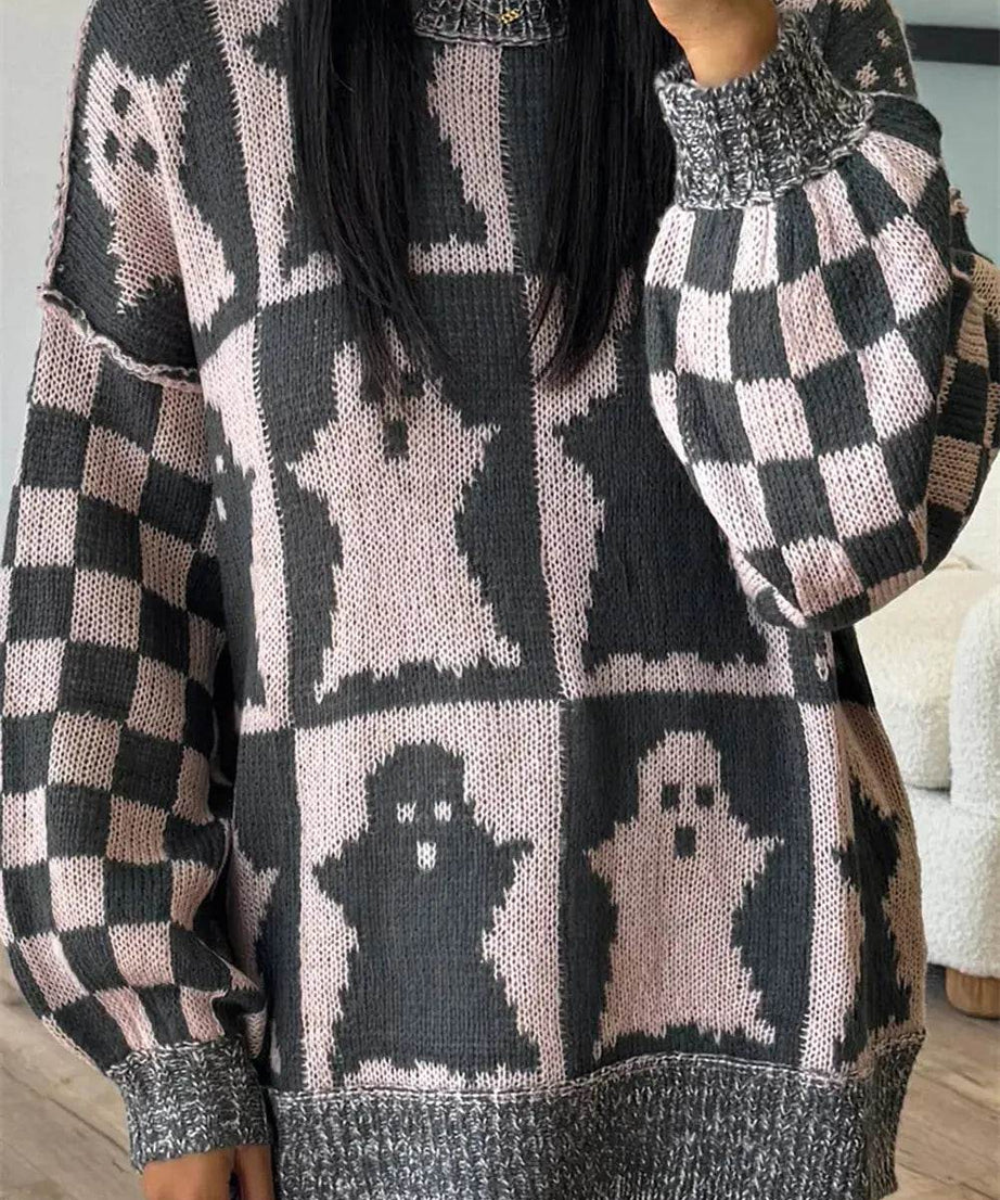 Ghost Dropped Shoulder Long Sleeve Sweater - ELY VESSA LLC