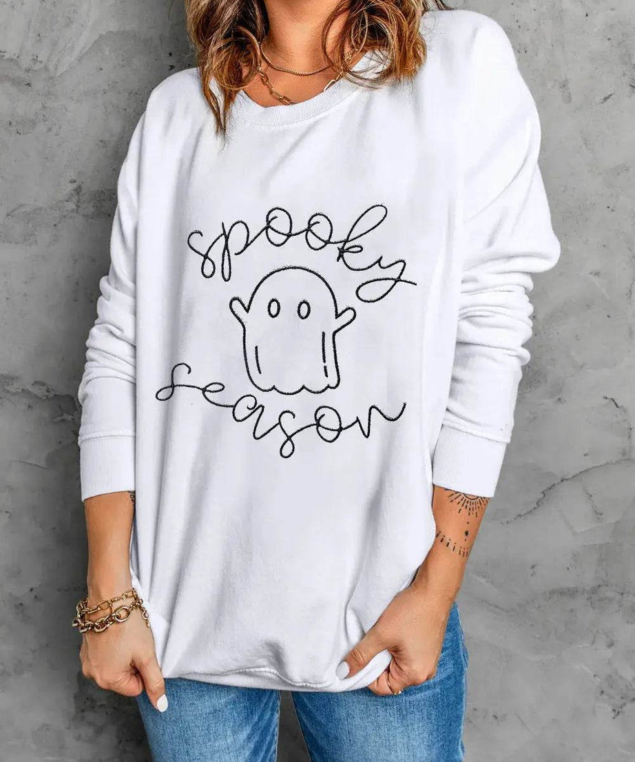 Ghost Graphic Long Sleeve Dropped Shoulder Sweatshirt - ELY VESSA LLC