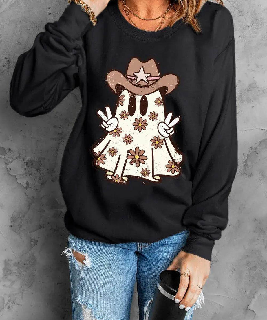 Ghost Round Neck Long Sleeve Sweatshirt - ELY VESSA LLC
