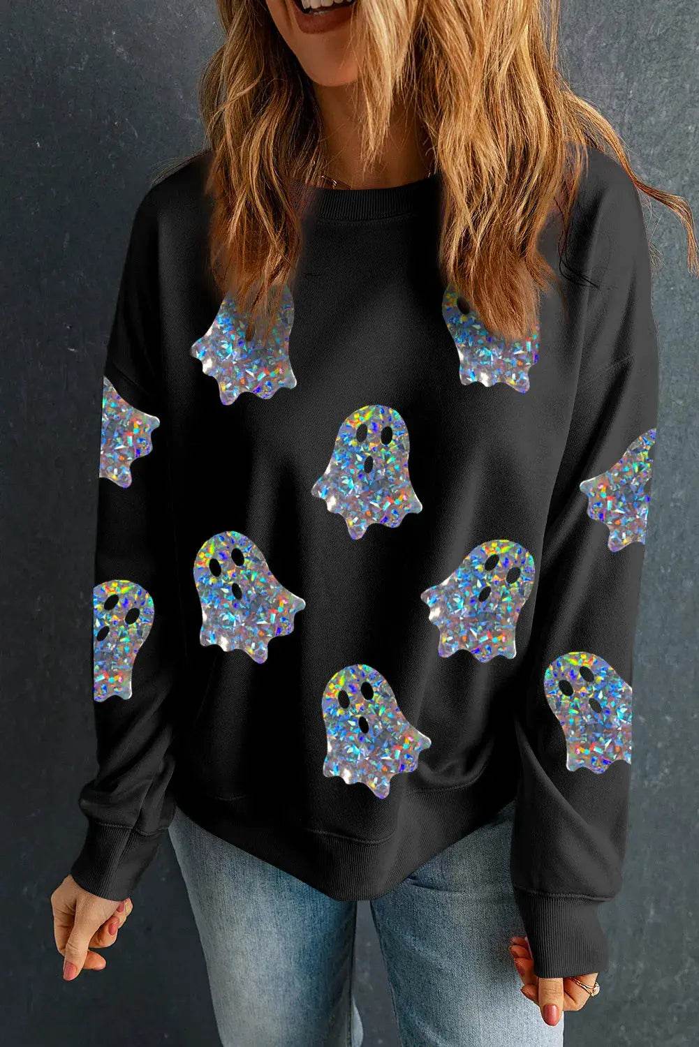 Ghost Round Neck Long Sleeve Sweatshirt - ELY VESSA LLC