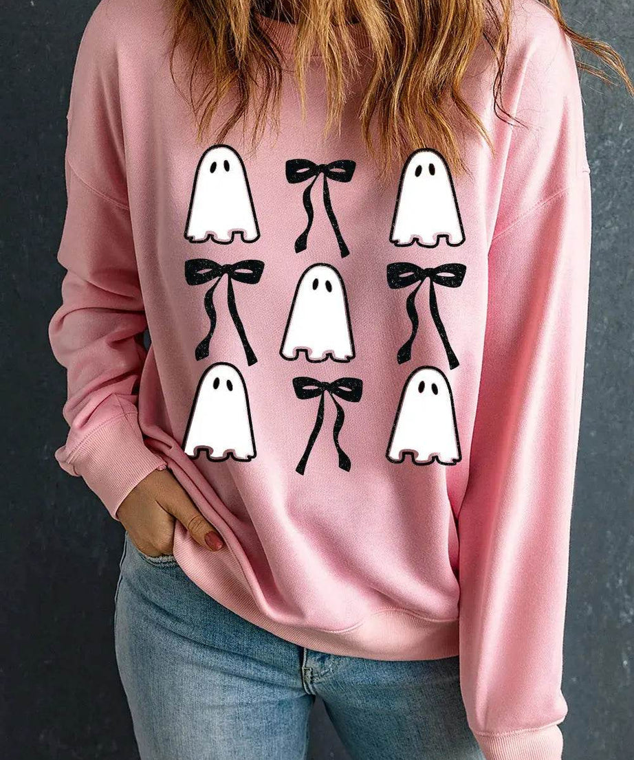 Ghost & Bow Round Neck Long Sleeve Sweatshirt - ELY VESSA LLC