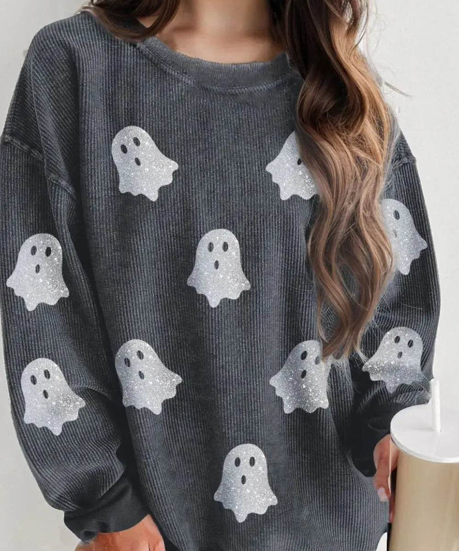 Glitter Ghost Round Neck Long Sleeve Sweatshirt - ELY VESSA LLC