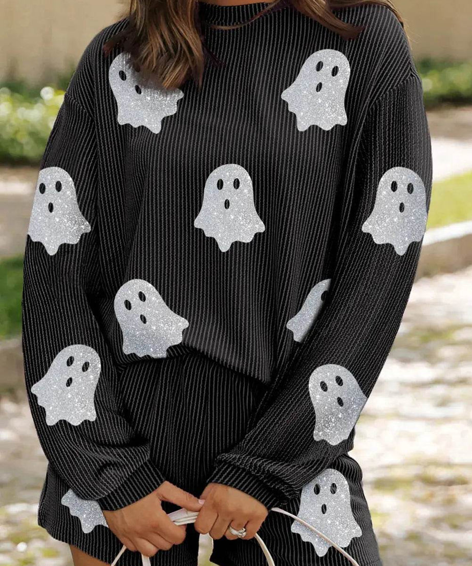 Glitter Ghost Round Neck Long Sleeve Top and Shorts Set - ELY VESSA LLC