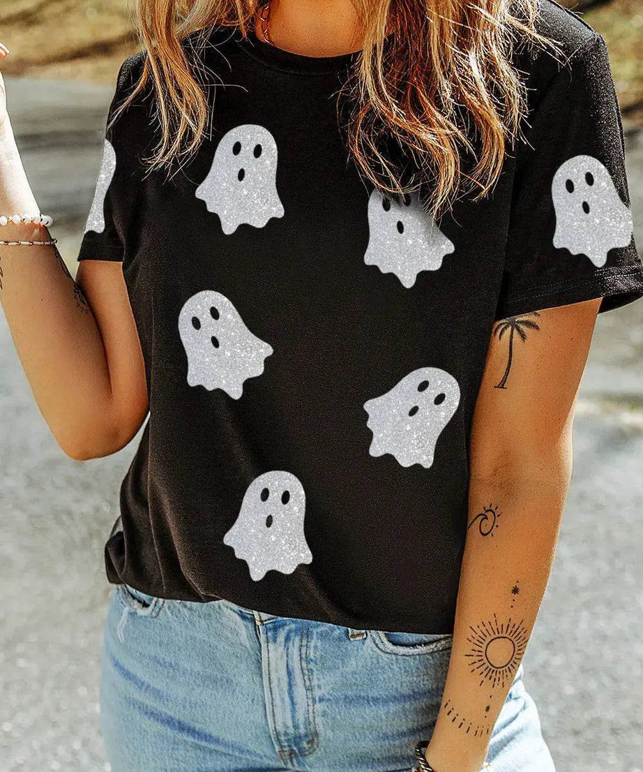 Glitter Ghost Round Neck Short Sleeve T-Shirt - ELY VESSA LLC
