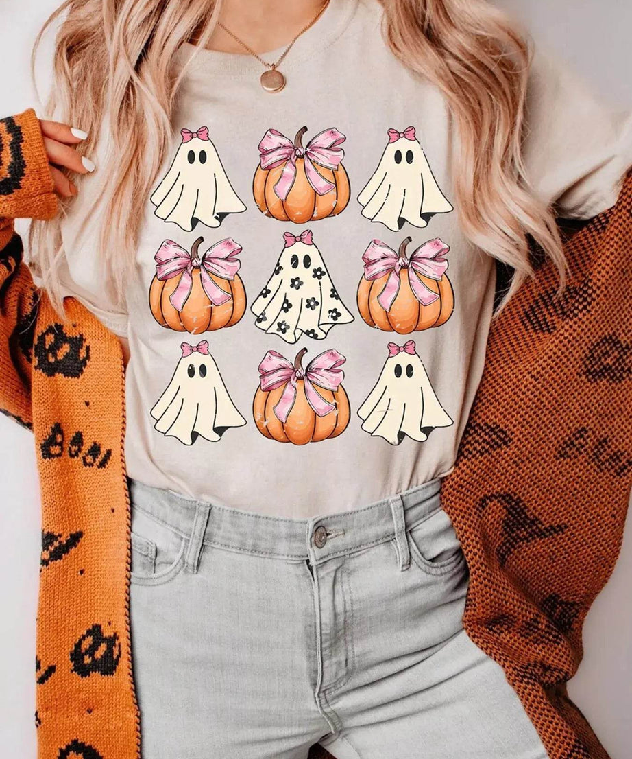 Halloween Bowknot Ghost Pumpkin Graphic T Shirt - ELY VESSA LLC