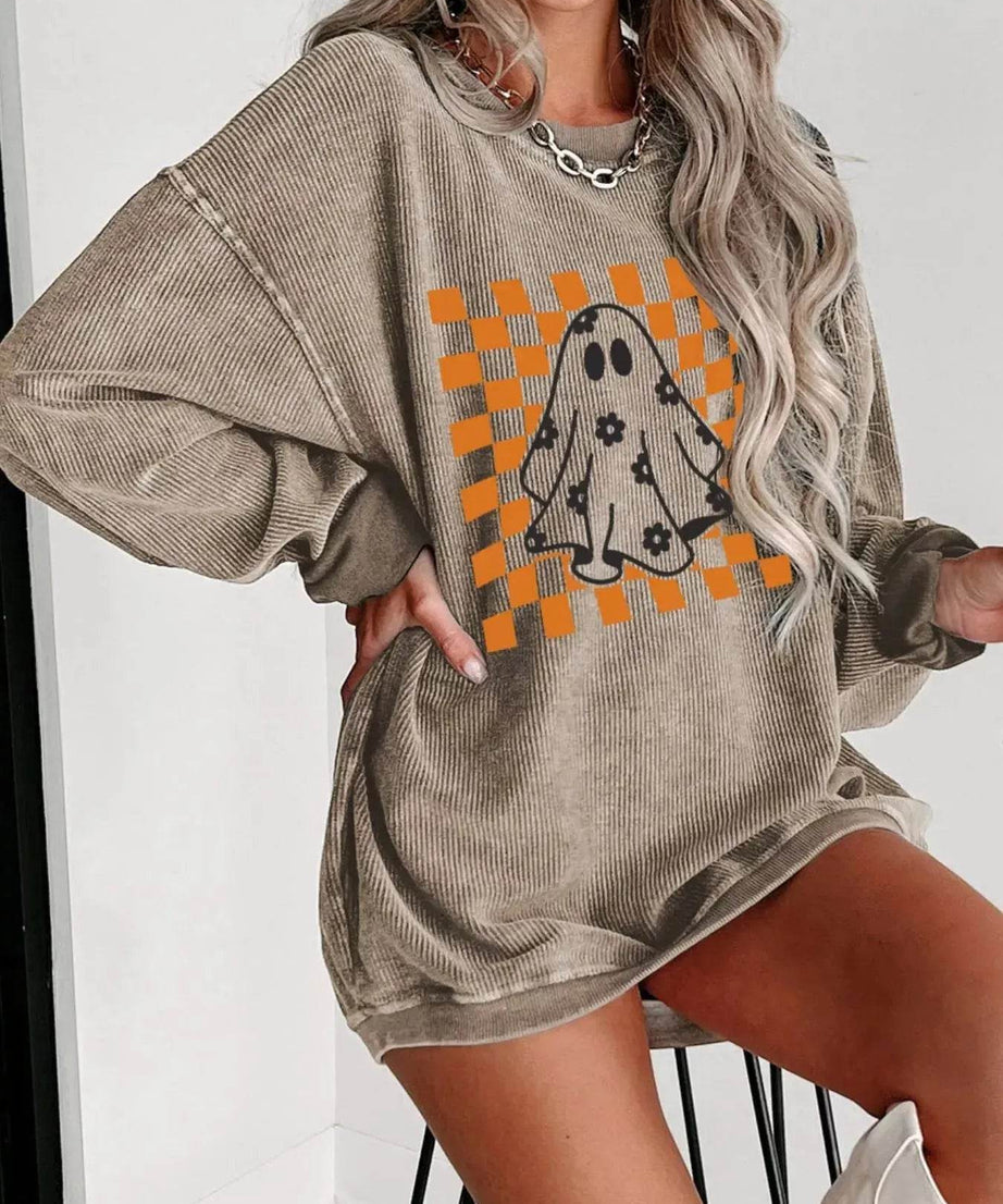 Halloween Checkerboard Floral Ghost Graphic Corded Sweatshirt - ELY VESSA LLC