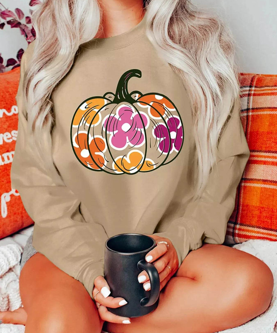 Halloween Floral Pumpkin Graphic Drop Shoulder Sweatshirt - ELY VESSA LLC