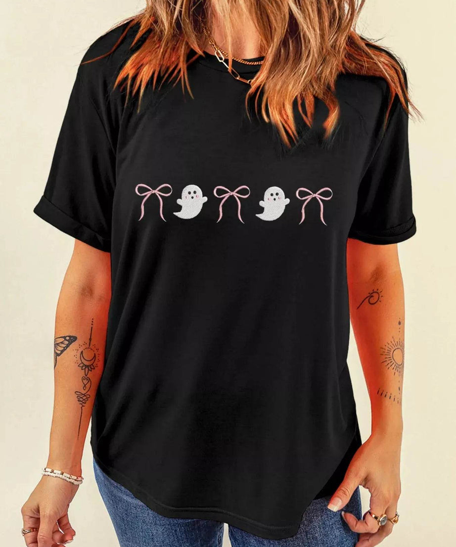 Halloween Ghost Bow Graphic Short Sleeve T-Shirt - ELY VESSA LLC