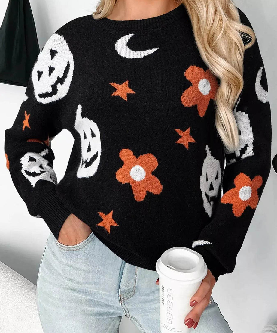 Halloween Gothic Pattern Long Sleeve Sweater - ELY VESSA LLC
