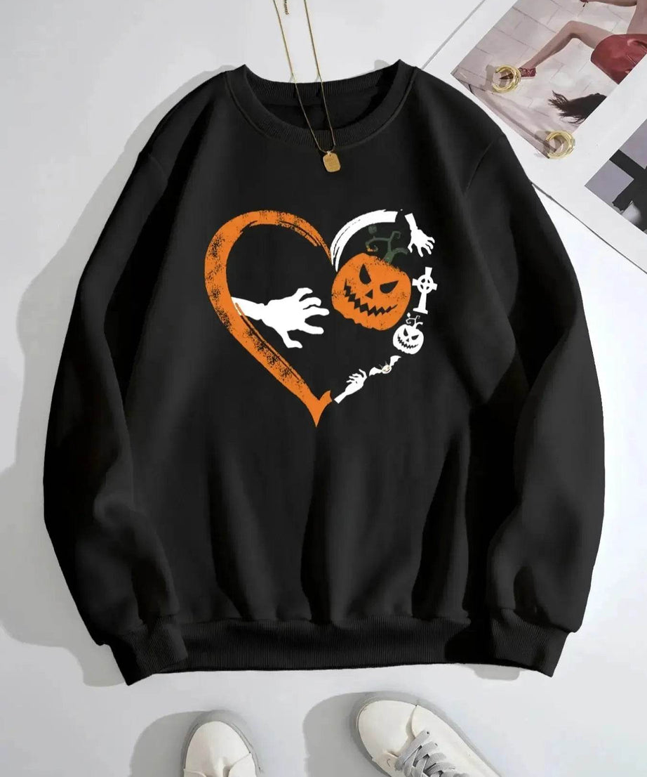 Halloween Heart Pumpkin Round Neck Sweatshirt - ELY VESSA LLC