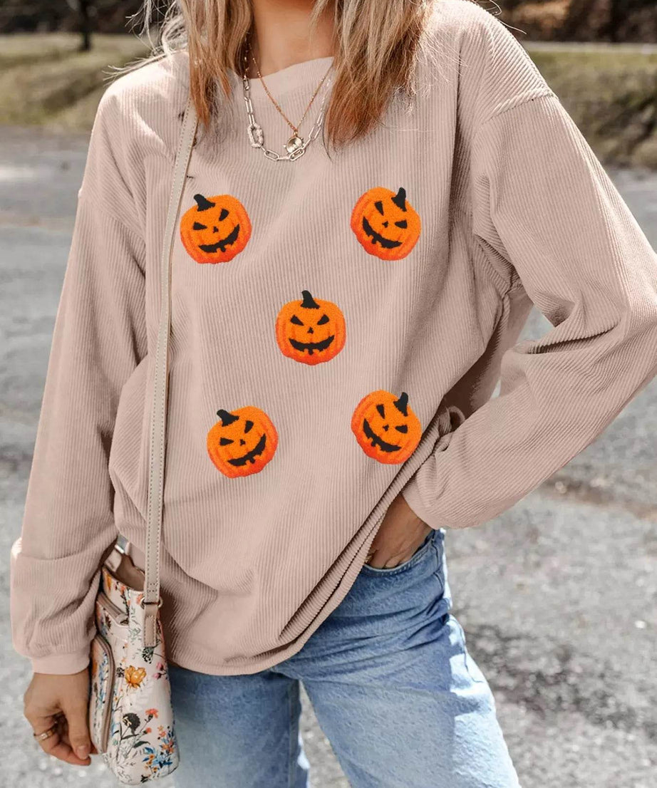Halloween Pumpkin Drop Shoulder Sweatshirt - ELY VESSA LLC