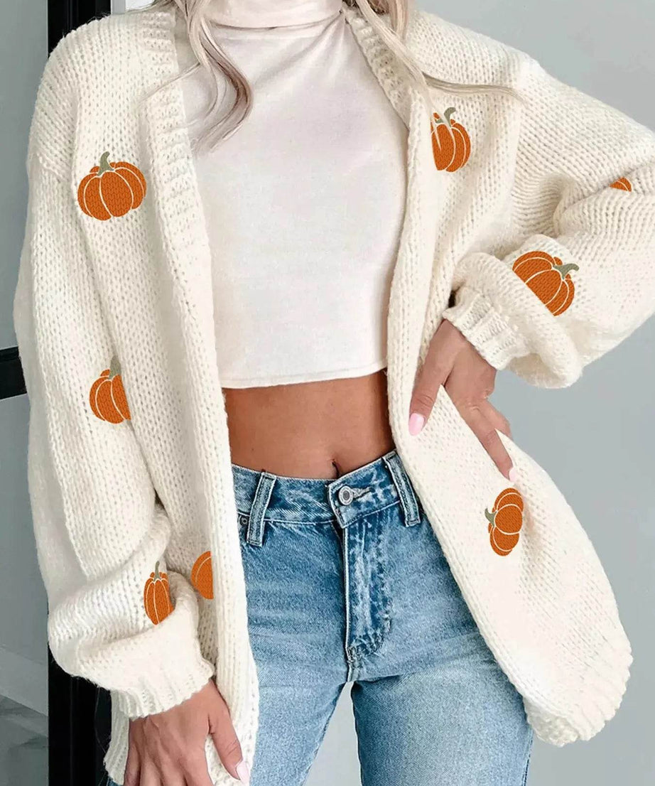Halloween Pumpkin Embroidered Knit Cardigan - ELY VESSA LLC
