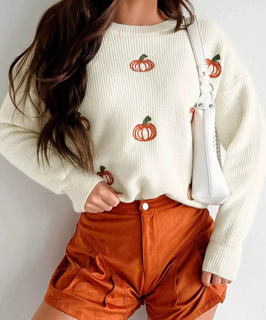 Halloween Pumpkin Embroidered Round Neck Long Sleeve Sweater - ELY VESSA LLC