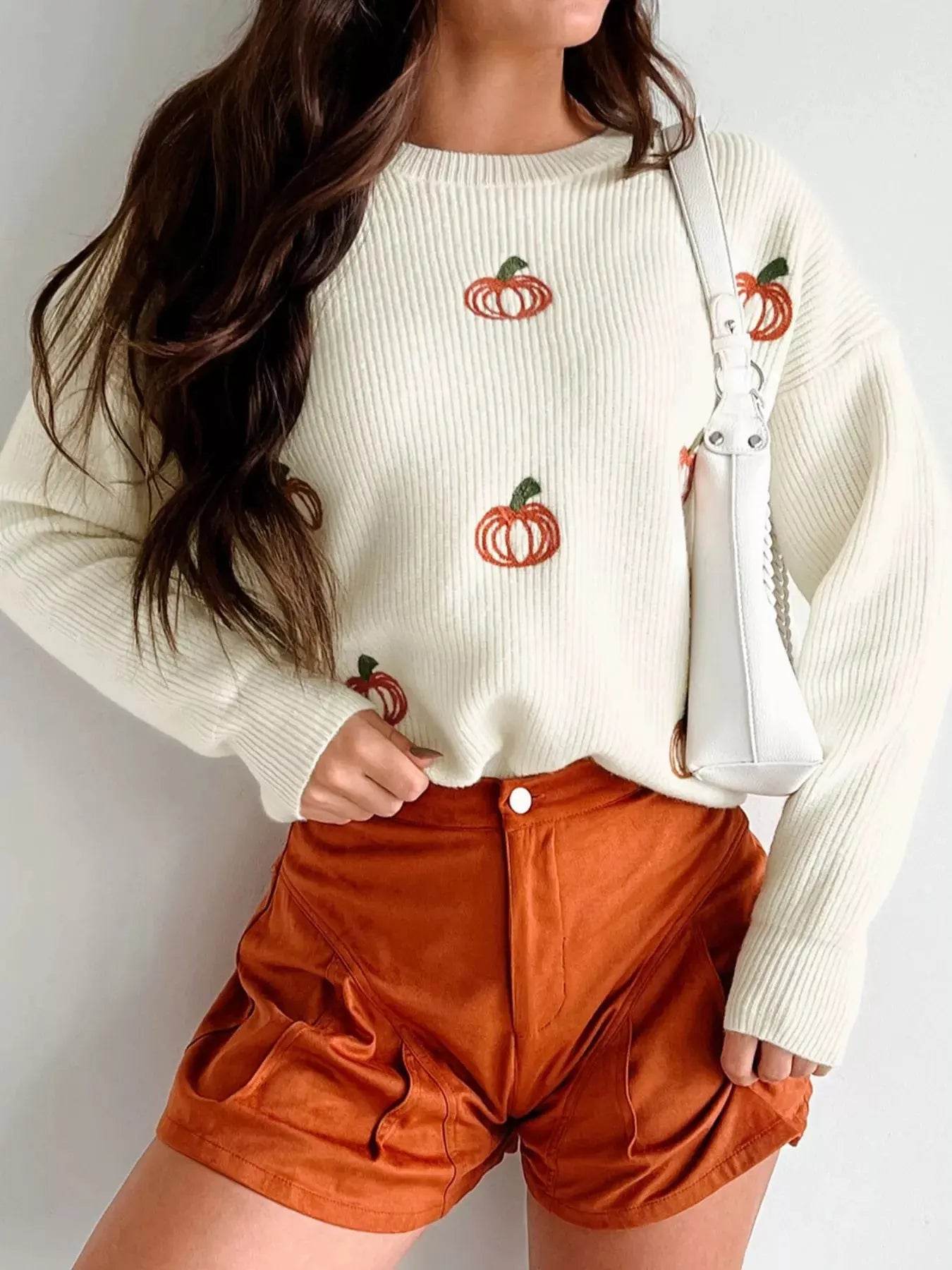 Halloween Pumpkin Embroidered Round Neck Long Sleeve Sweater - ELY VESSA LLC