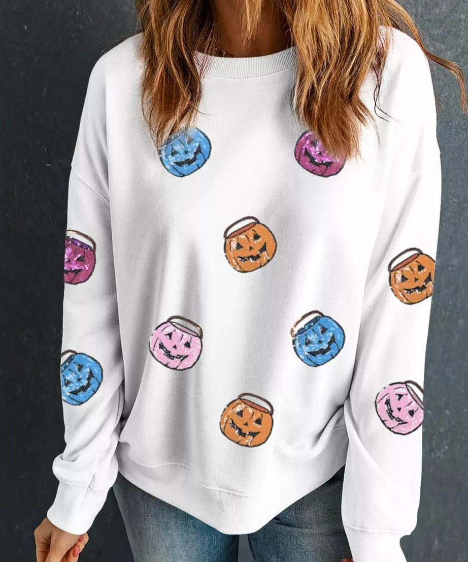 Halloween Pumpkin Lantern Sequin Patched Sweatshirt - ELY VESSA LLC