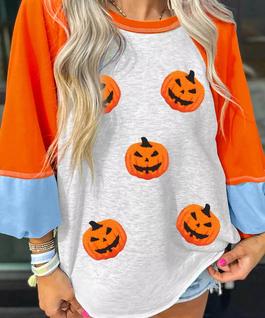 Halloween Pumpkin Print Long Sleeve T-Shirt - ELY VESSA LLC