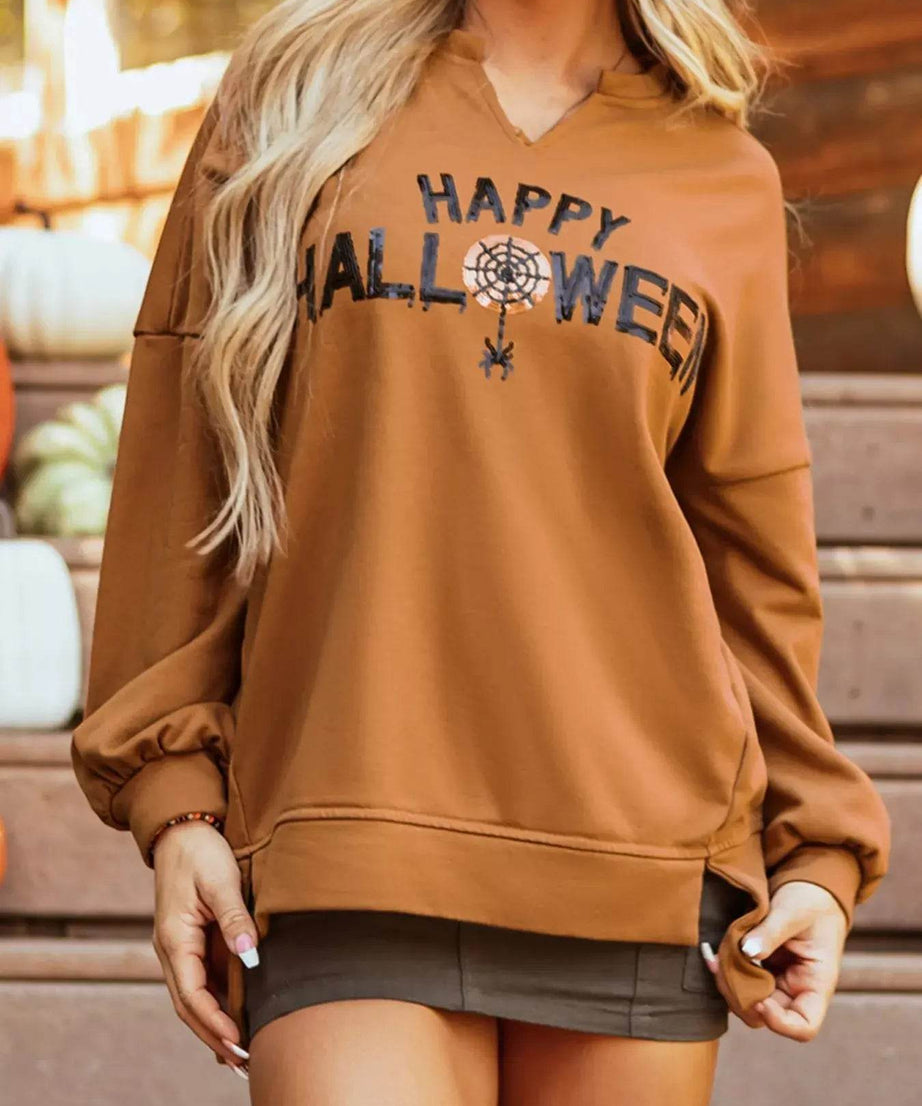 Happy Halloween Graphic Notched Long Sleeve Loose Top - ELY VESSA LLC