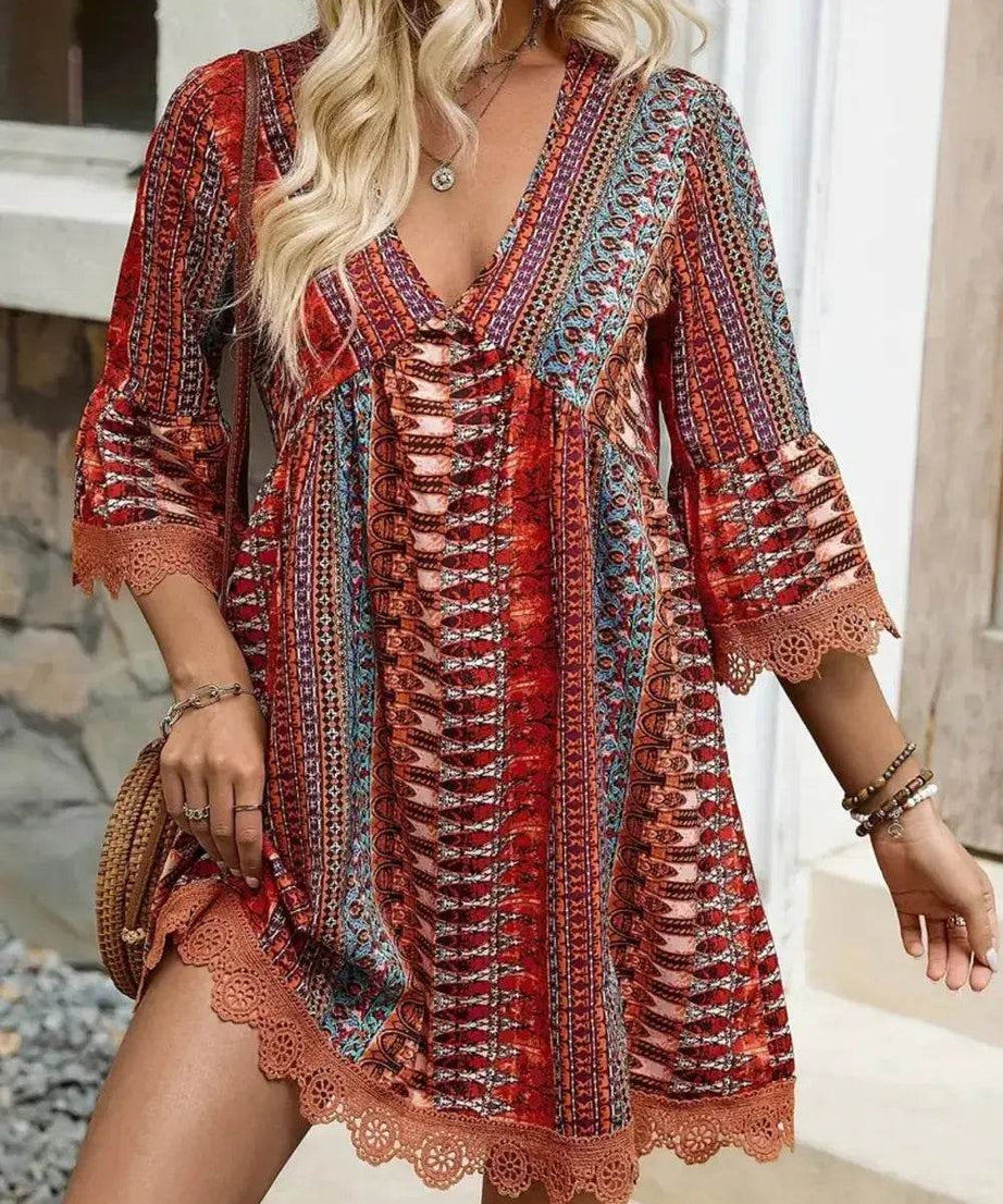 Lace Trim Printed V-Neck 3/4 Sleeve Dress - ELY VESSA LLC