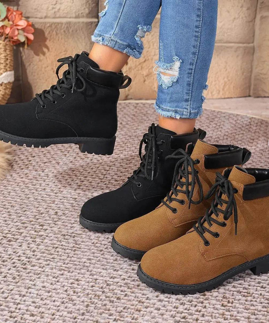 Lace Up Block Heel Boots - ELY VESSA LLC