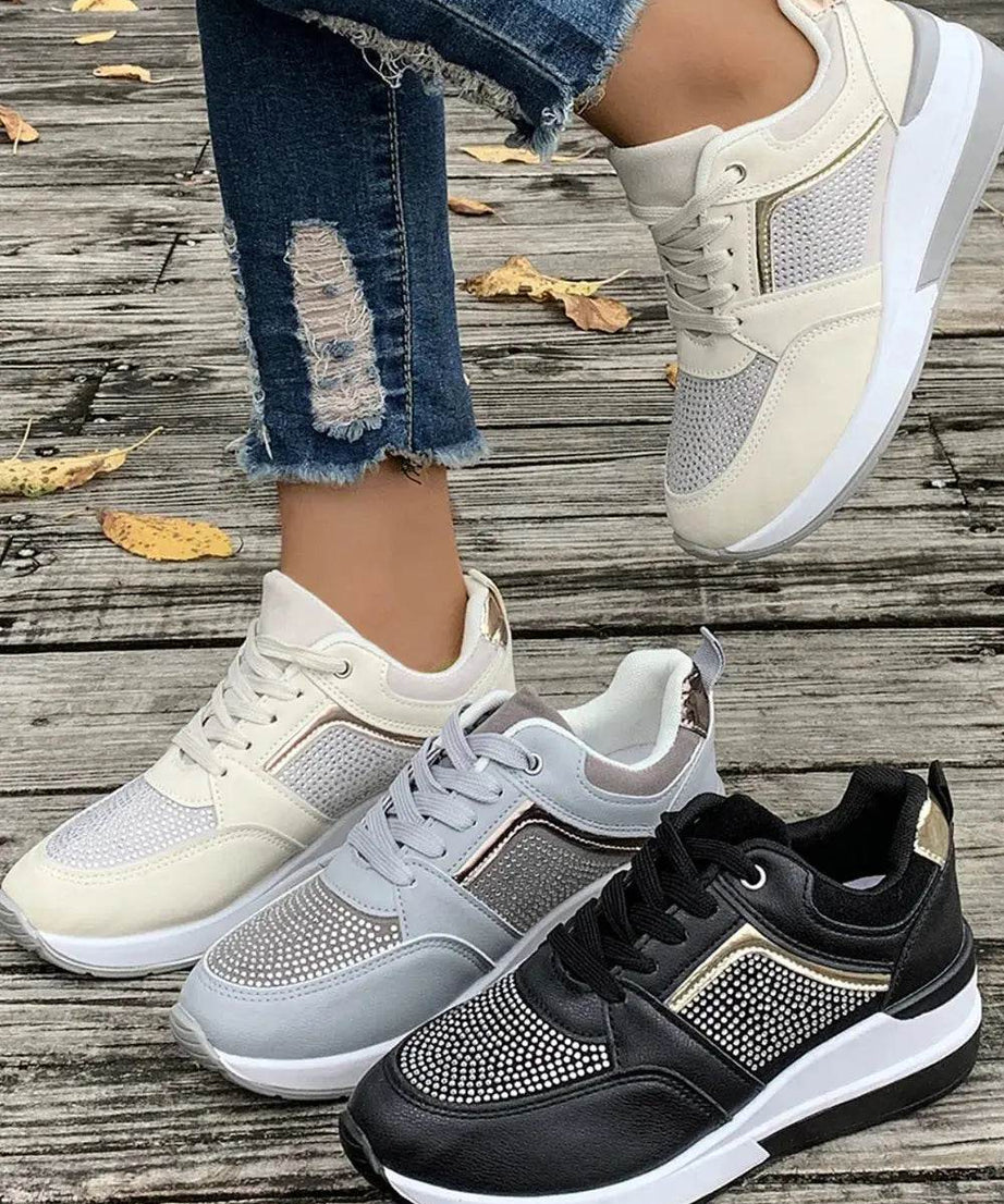 Lace-Up Rhinestone Wedge Sneakers - ELY VESSA LLC