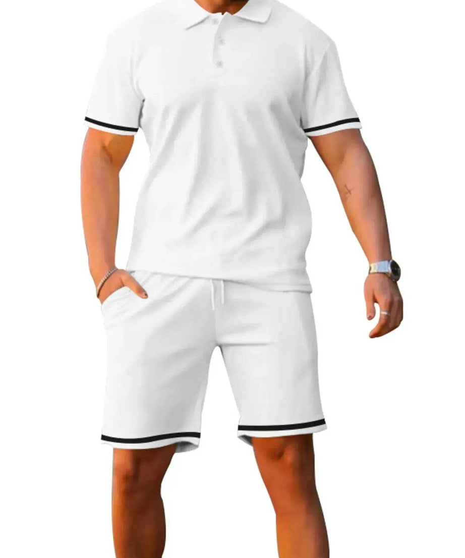 Men's white polo shirt and shorts set with black contrast trim.