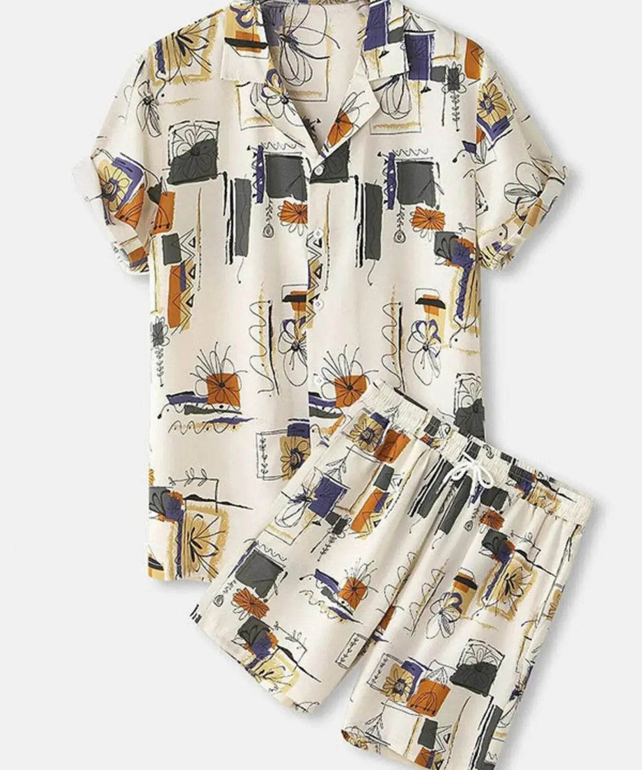 Men's Full Size Printed Button Up Shirt and Shorts Set Plus Size - ELY VESSA LLC