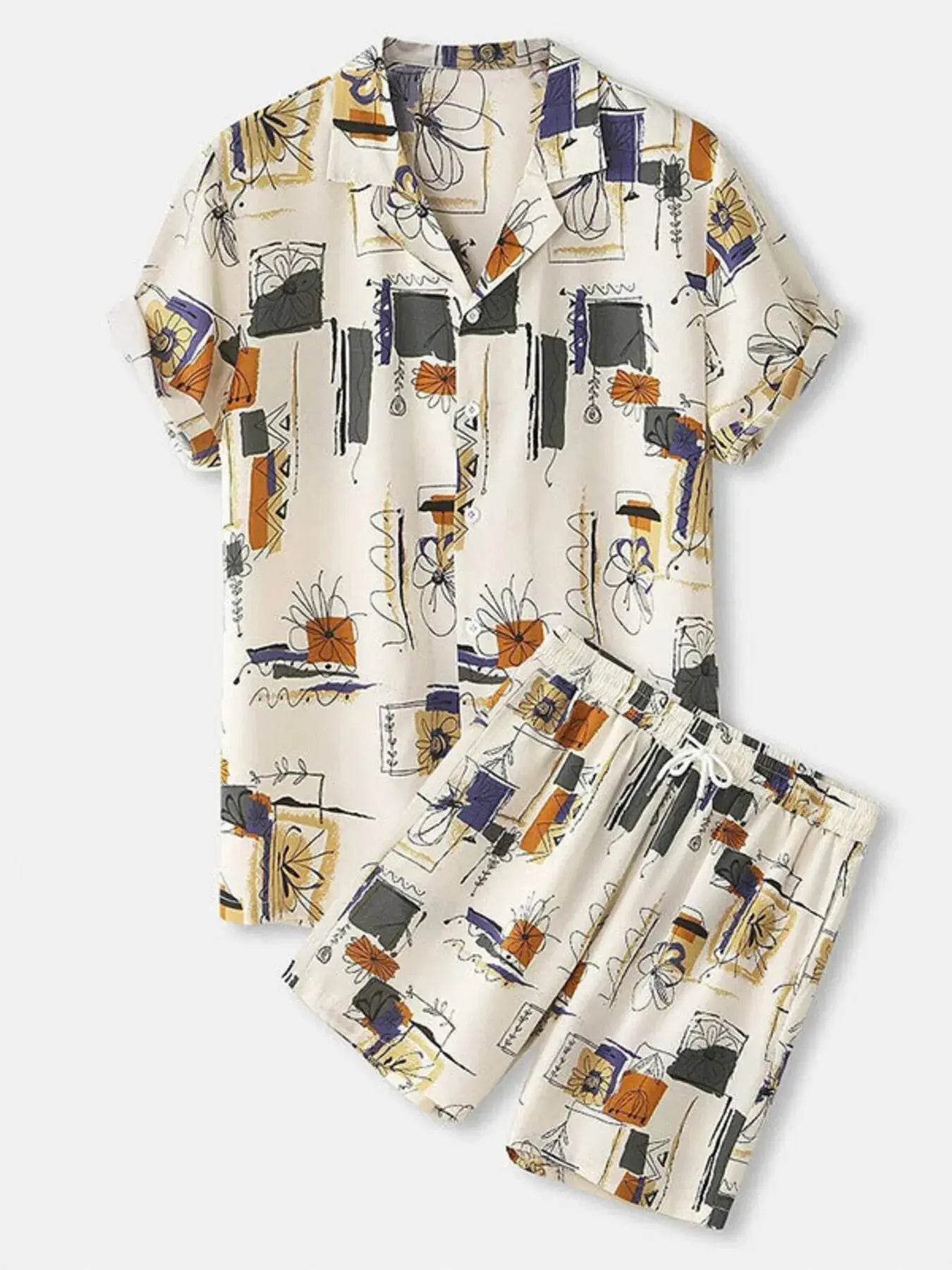 Men's Full Size Printed Button Up Shirt and Shorts Set Plus Size - ELY VESSA LLC