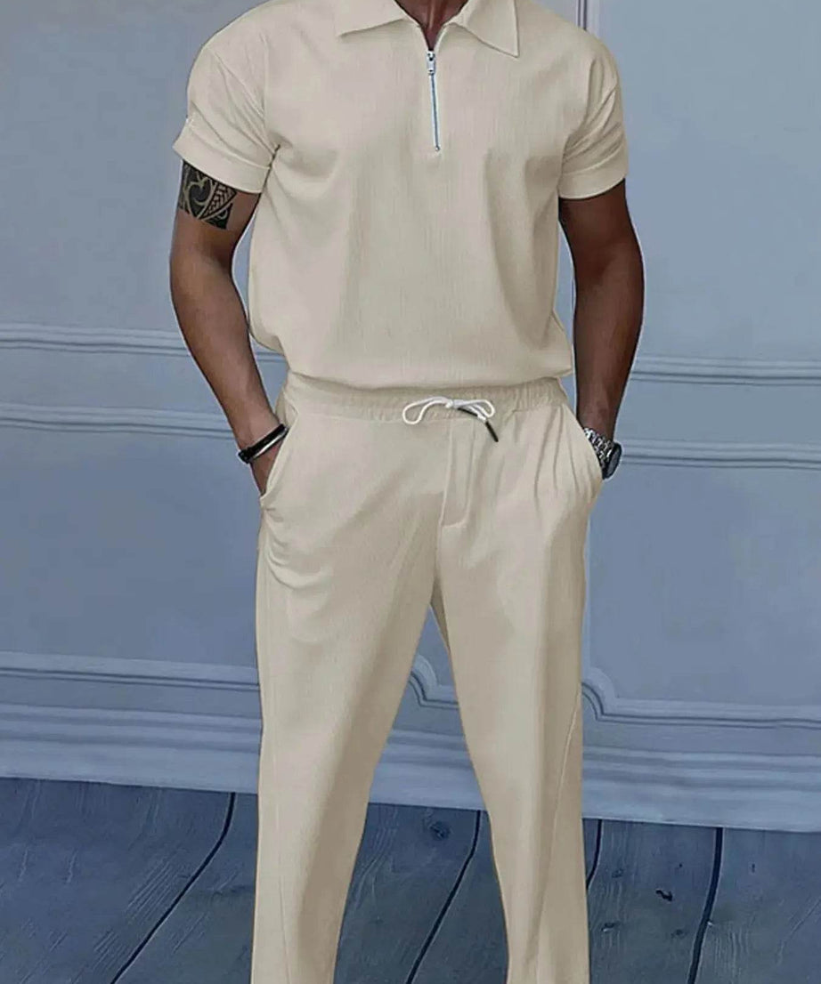 Men's Full Size Quarter Zip Short Sleeve Polo and Pants Set Plus Size - ELY VESSA LLC